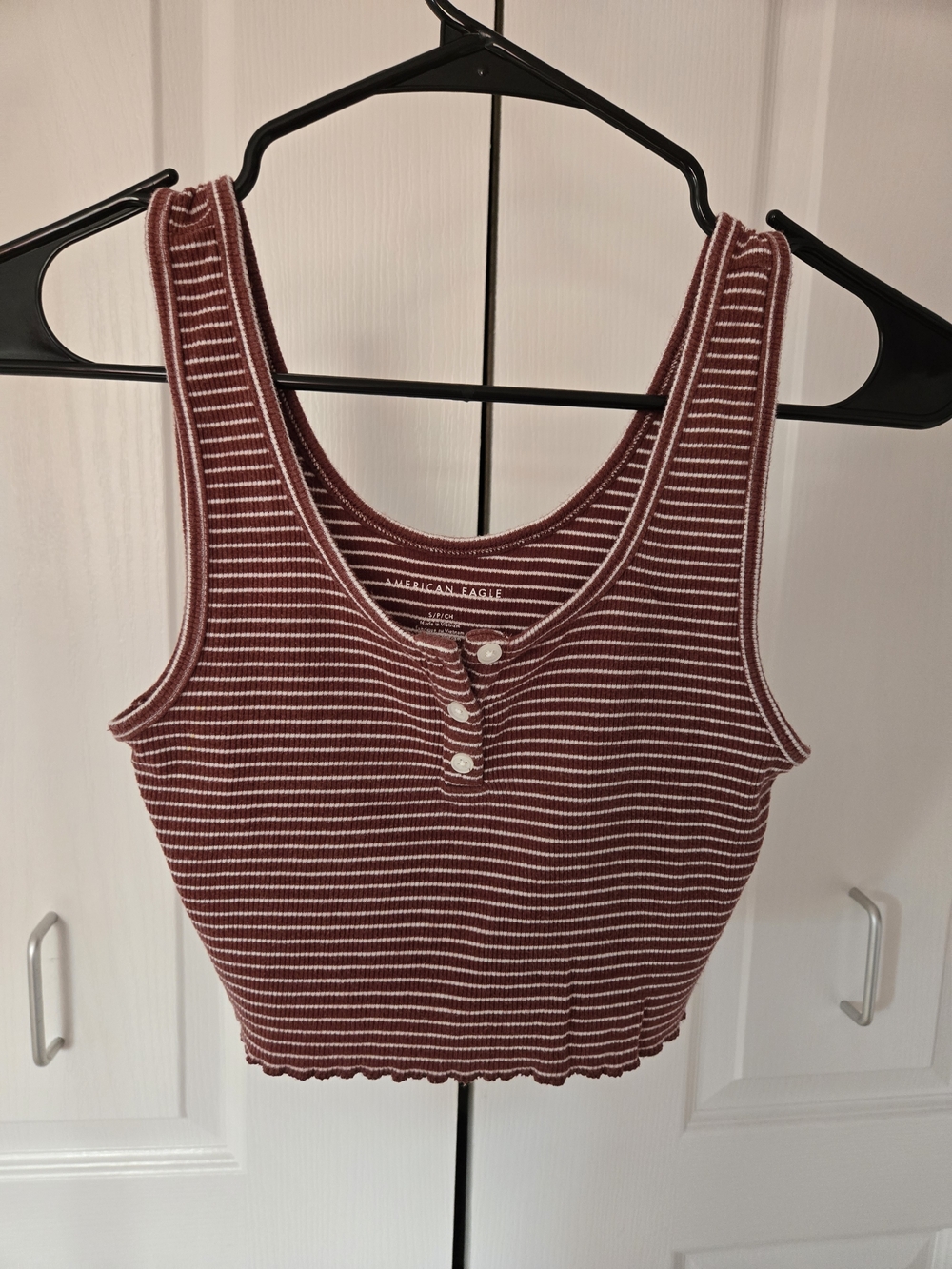 American Eagle Outfitters Burgundy and White Striped Ribbed Crop Tank